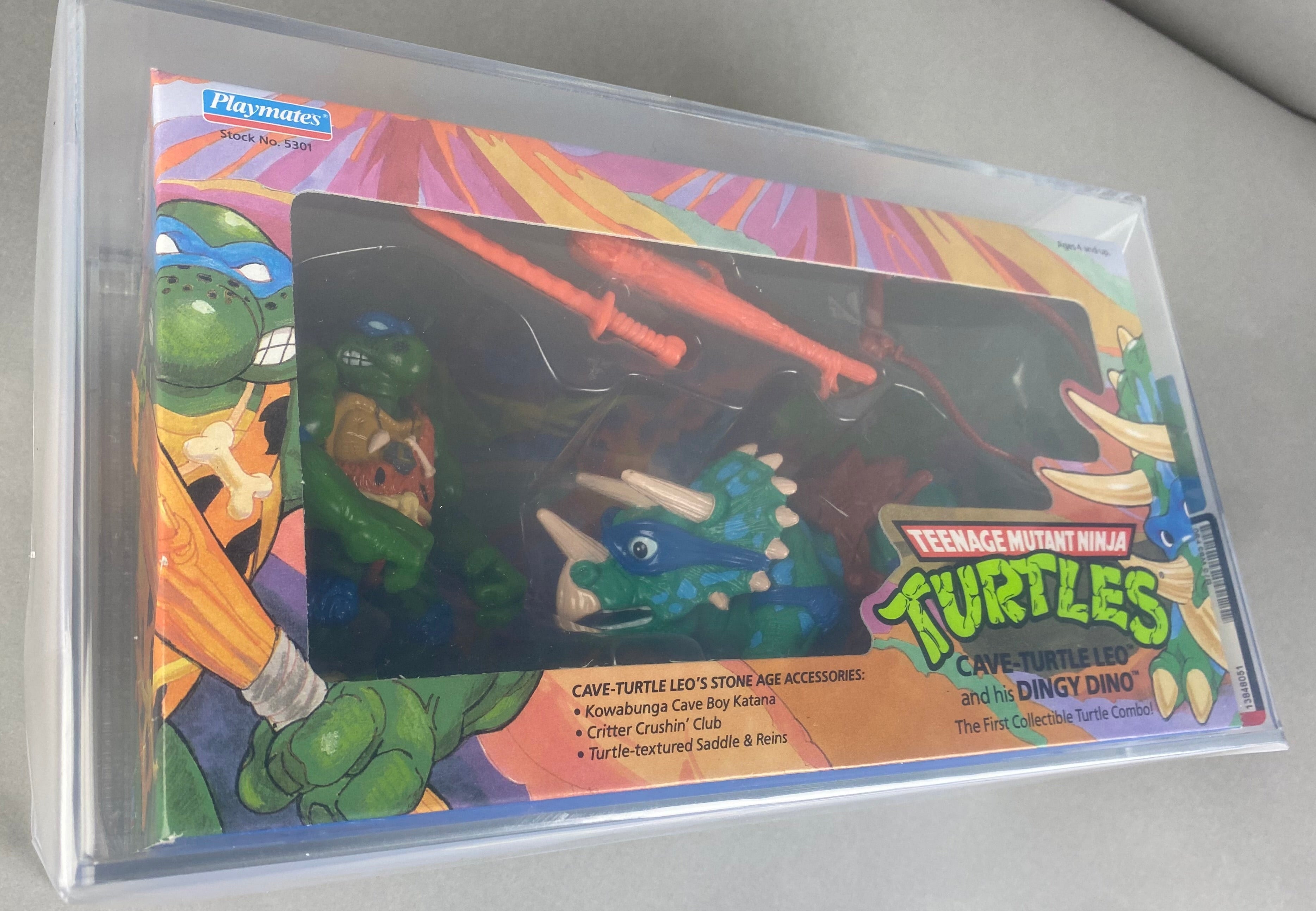 Teenage Mutant Ninja Turtles Cave Turtle Leo and Dingy Dingo Boxed Figure graded AFA 75+. Front photo.